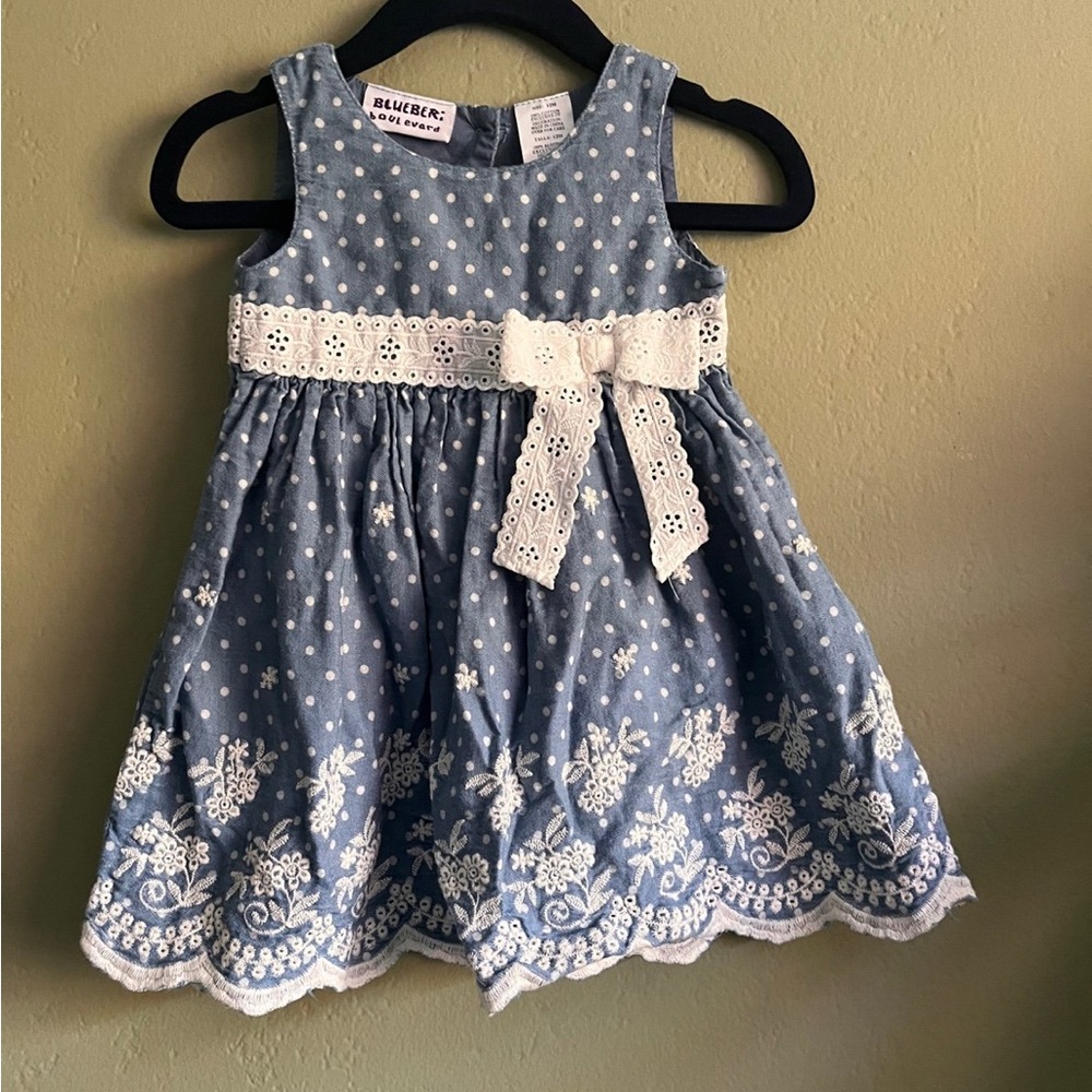 Blueberi Boulevard Denim and White Lace Dress
